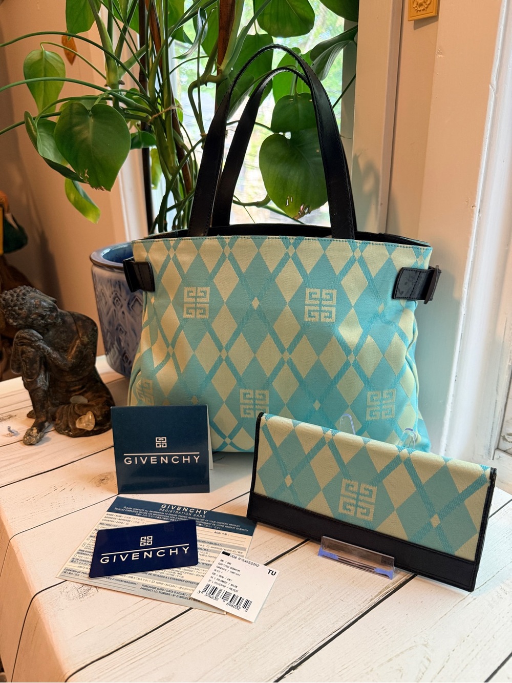 Givenchy | Vintage Parfums Turquoise Monogram Tote Bag & Matching Wallet Set
